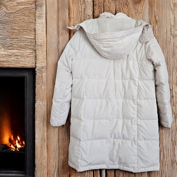 Vintage LL Bean Down Puffer Coat Off-white Hooded Winter Outdoor Comfort Sz L - Picture 1 of 10